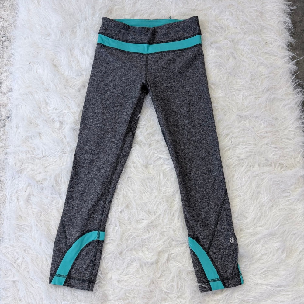 Lululemon Gray Teal Crop Leggings Size 2 Heathered Charcoal Running Yoga Tights
